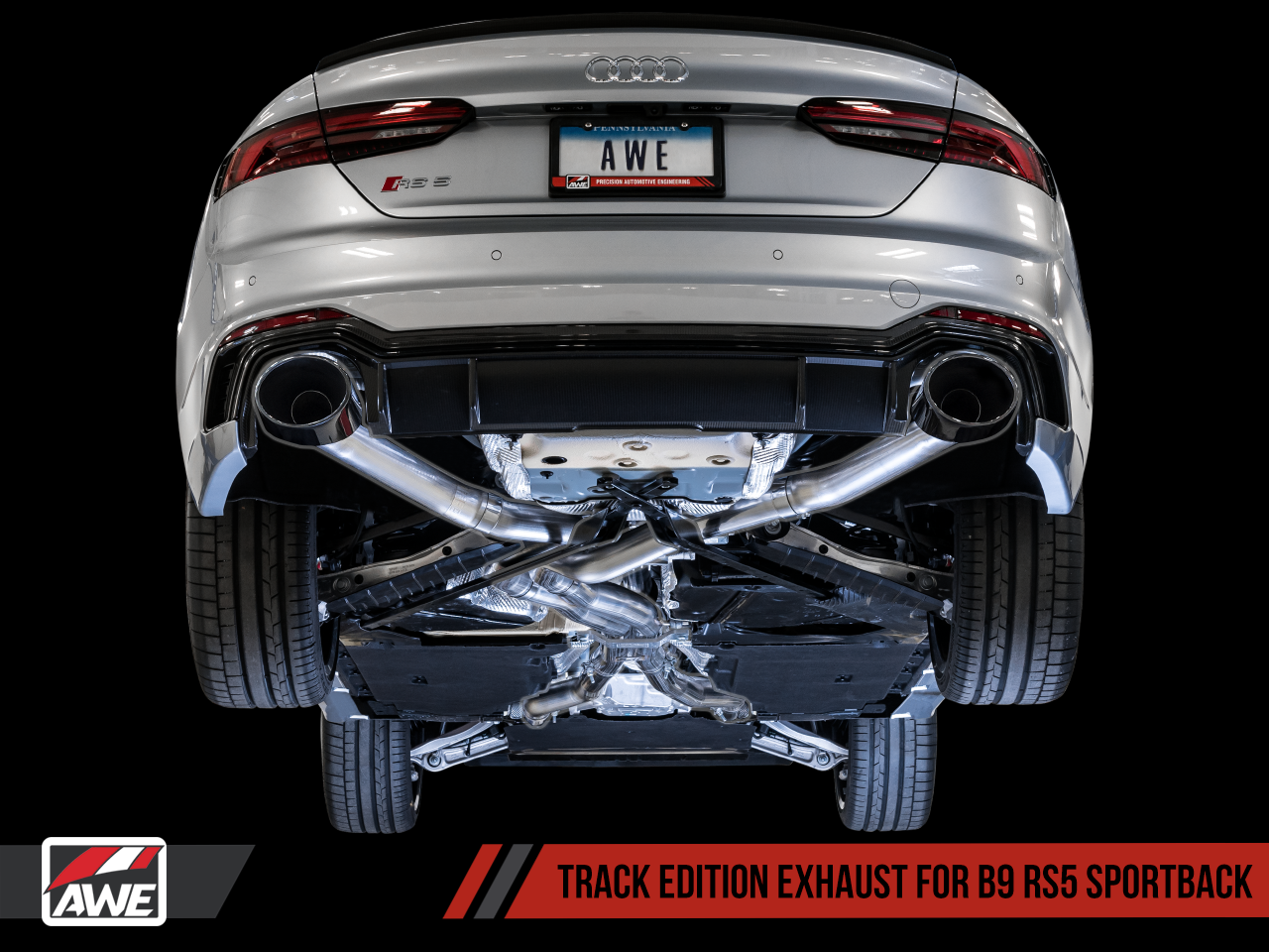 AWE Track Edition Exhaust for Audi B9 RS 5 Sportback - Resonated for Performance Catalysts - Diamond Black RS-style Tips - Motorsports LA