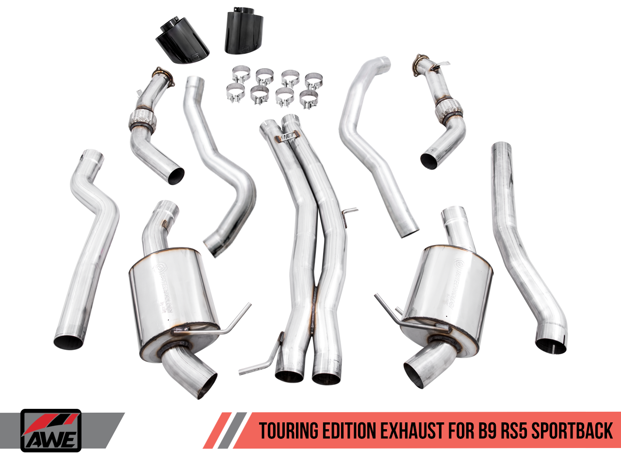 AWE Track Edition Exhaust for Audi B9 RS 5 Coupe - Resonated for Performance Catalysts - Diamond Black RS-style Tips - Motorsports LA
