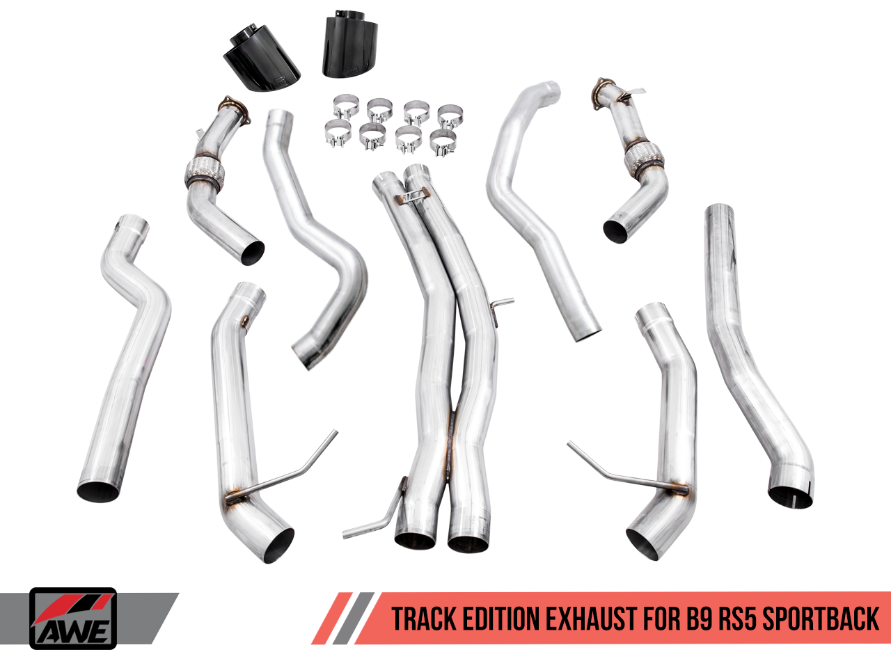 AWE Touring Edition Exhaust for Audi B9 RS 5 Sportback - Resonated for Performance Catalysts - Diamond Black RS-style Tips - Motorsports LA