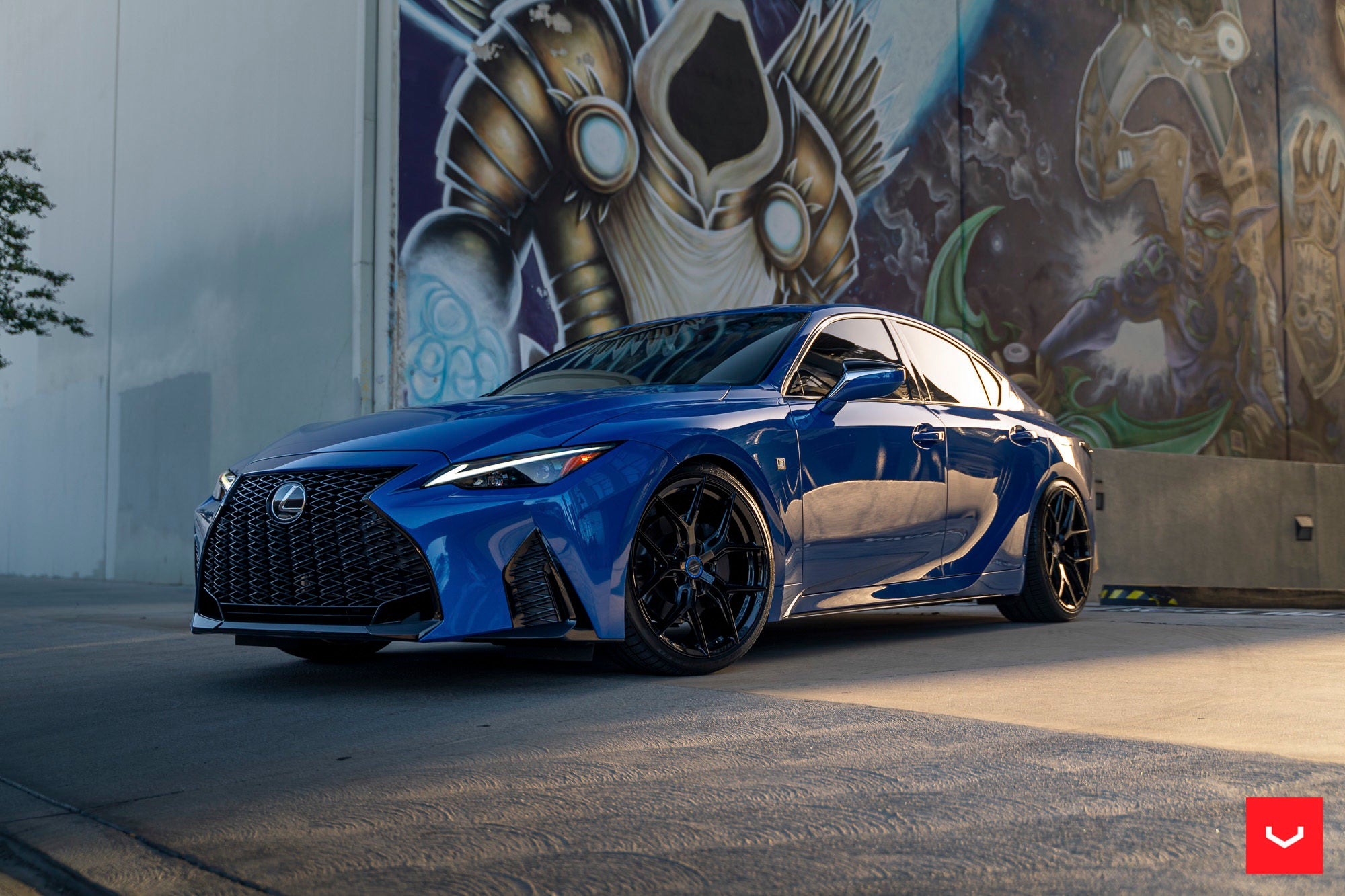 Vossen HF-5 gloss black wheels on a blue Lexus IS 350 with staggered 20x9 front and 20x10.5 rear fitment