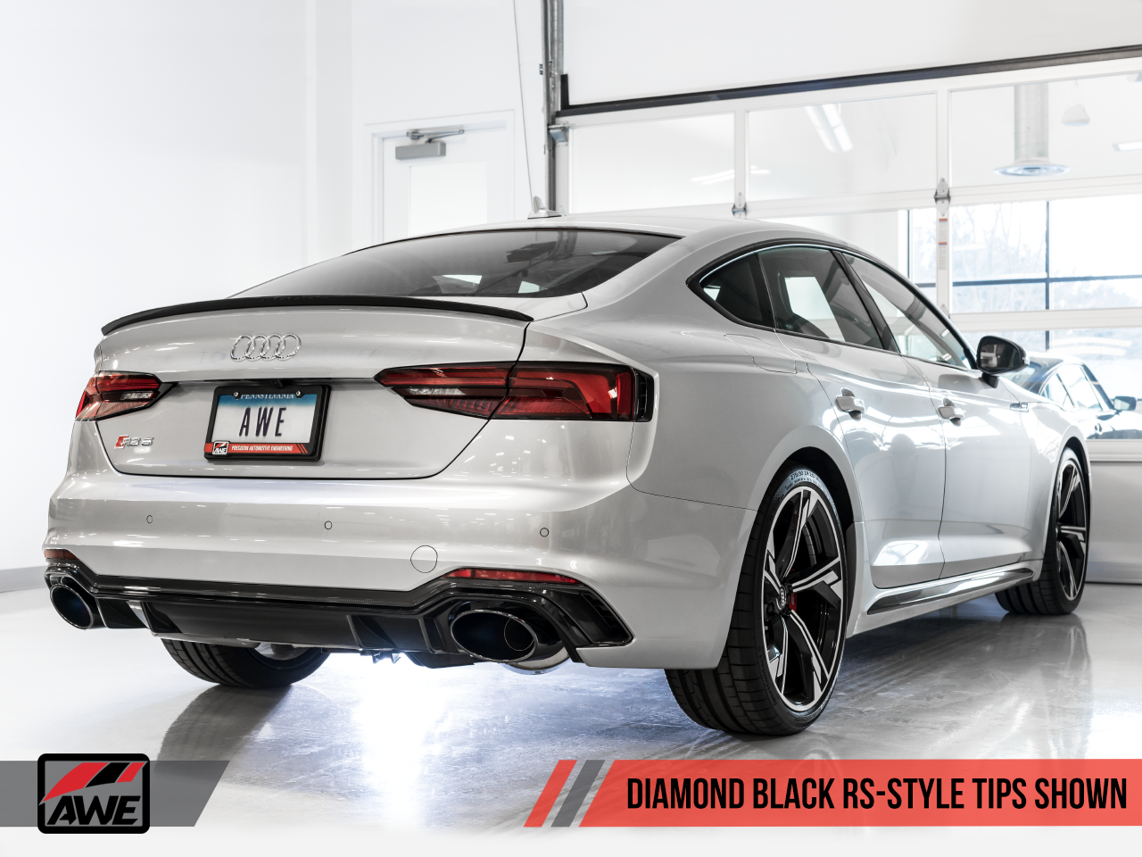 AWE Track Edition Exhaust for Audi B9 RS 5 Coupe - Resonated for Performance Catalysts - Diamond Black RS-style Tips - Motorsports LA