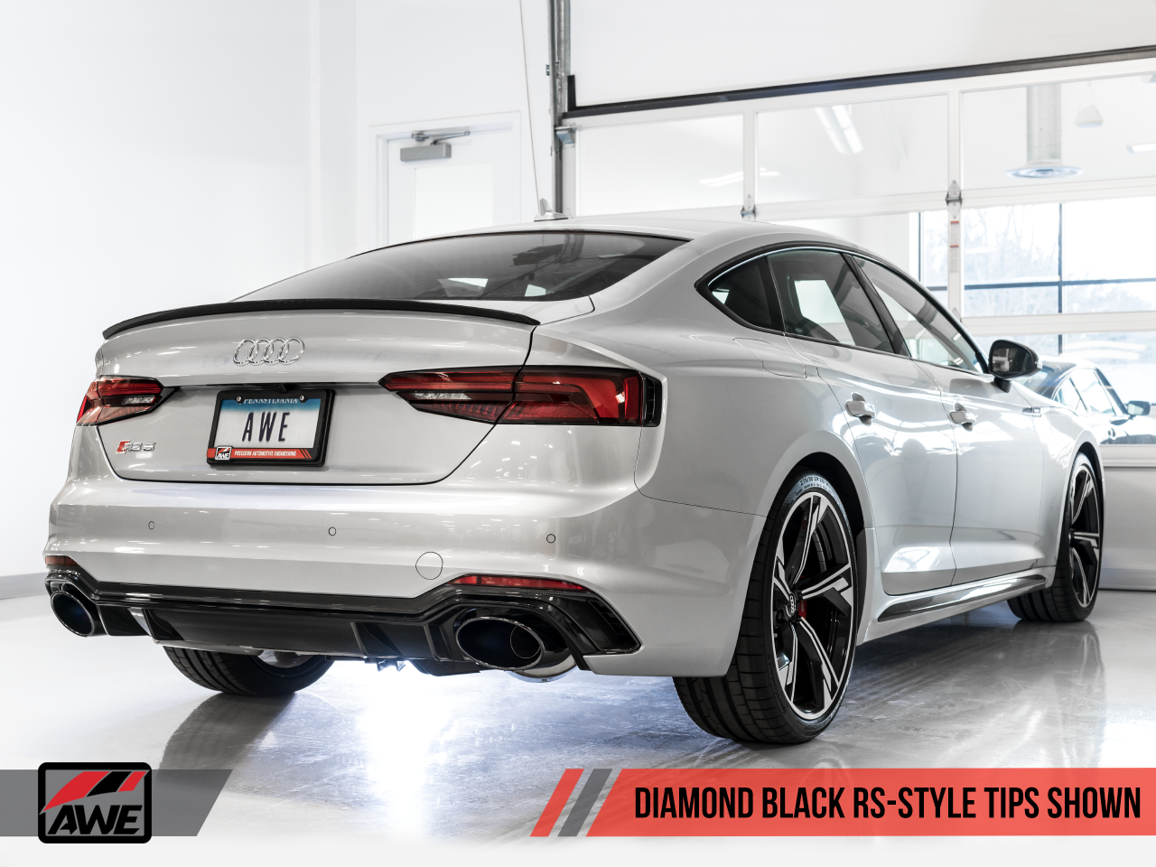 AWE Track Edition Exhaust for Audi B9 RS 5 Sportback - Resonated for Performance Catalysts - Diamond Black RS-style Tips - Motorsports LA